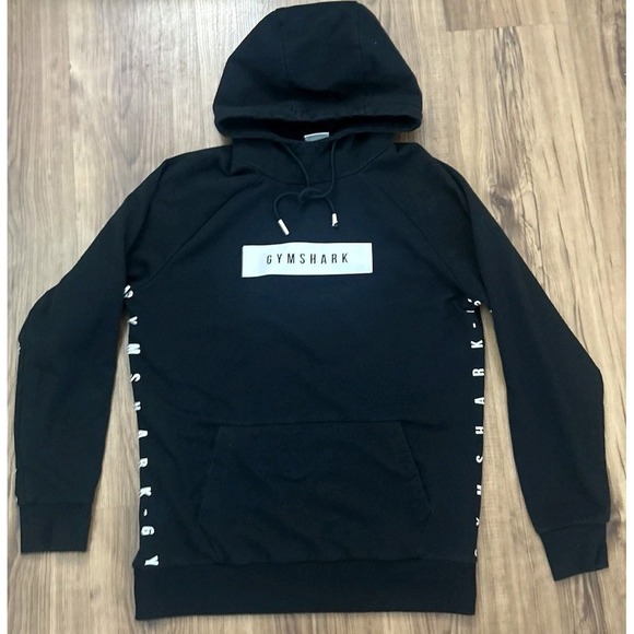 Gymshark Other - Gymshark Hoodie Mens Medium Black Tape Logo Spellout Sleeves Athletic Gym